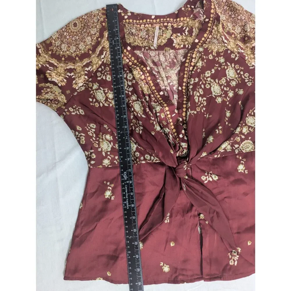 Free People Run Free Floral Tie Button Front Long Sleeve Blouse Boho